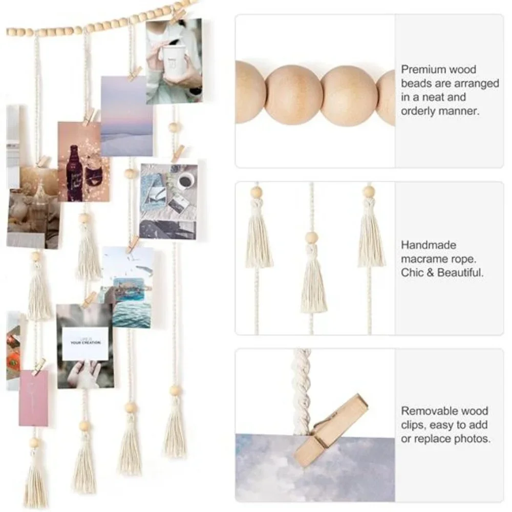 Macrame Hanging Photo Display Wall Decor with String Lights Boho Room